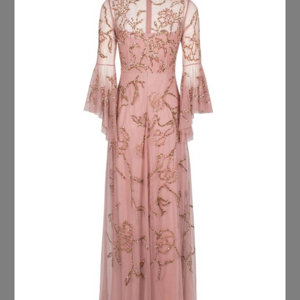 Aidan Mattox beaded gold 3/4 ruffle bell sleeve long gown - Picture 12 of 16
